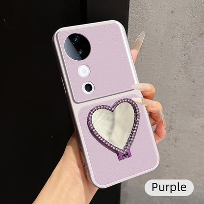 For vivo S19 Lambskin Series Skin Feel Shockproof Phone Case with Heart Mirror Holder(Purple)
