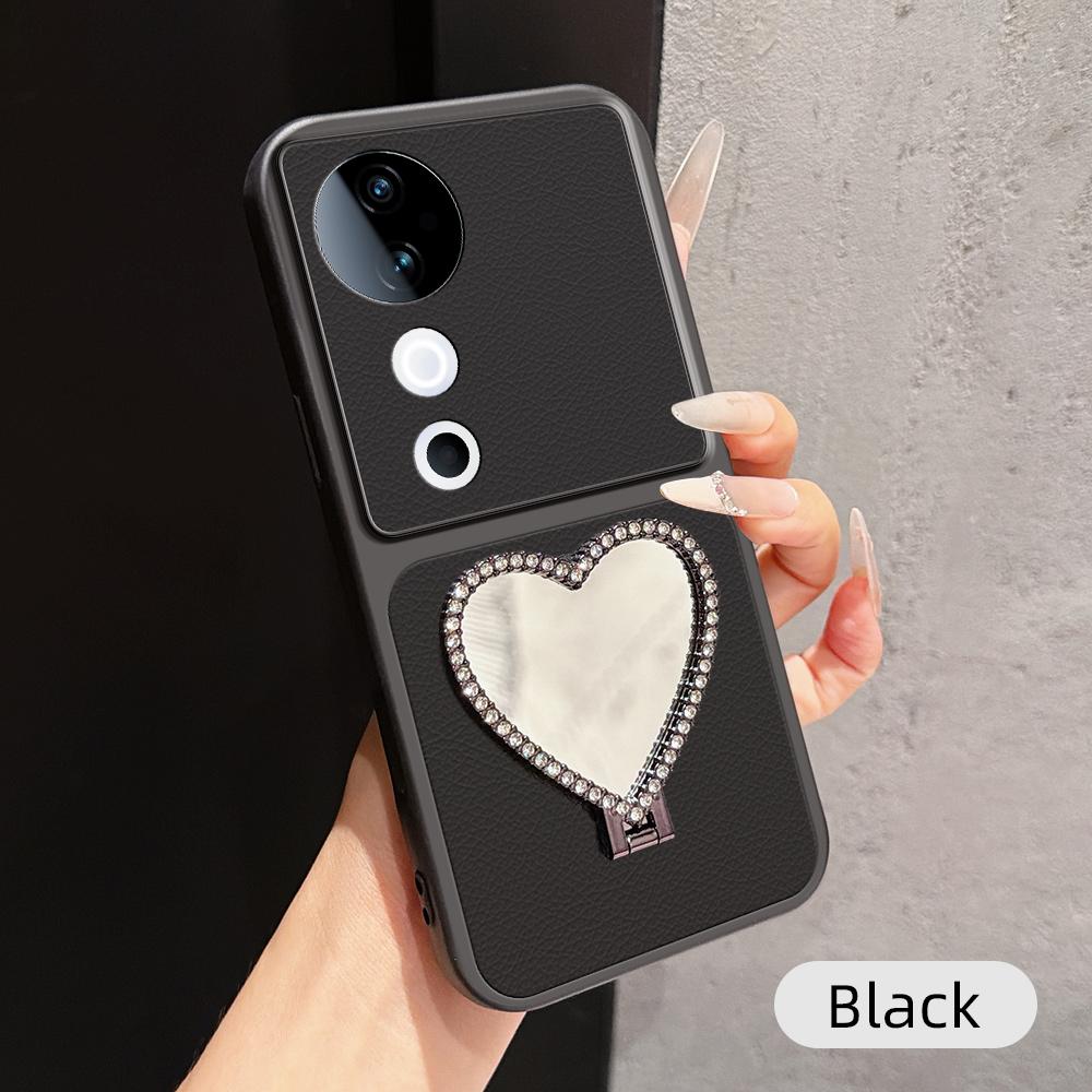 For vivo S19 Lambskin Series Skin Feel Shockproof Phone Case with Heart Mirror Holder(Black)