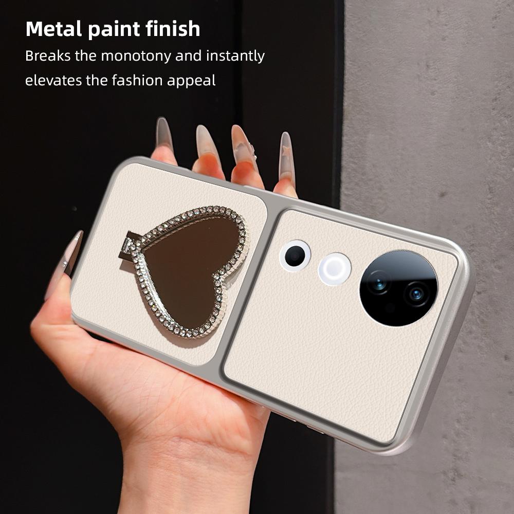 For vivo S19 Lambskin Series Skin Feel Shockproof Phone Case with Heart Mirror Holder(Black)