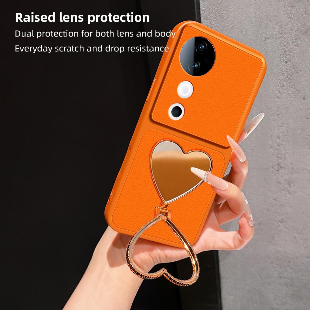 For vivo S19 Lambskin Series Skin Feel Shockproof Phone Case with Heart Mirror Holder(Black)