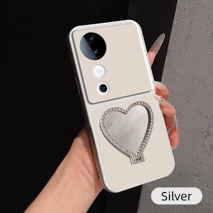 For vivo S19 Lambskin Series Skin Feel Shockproof Phone Case with Heart Mirror Holder(Silver)