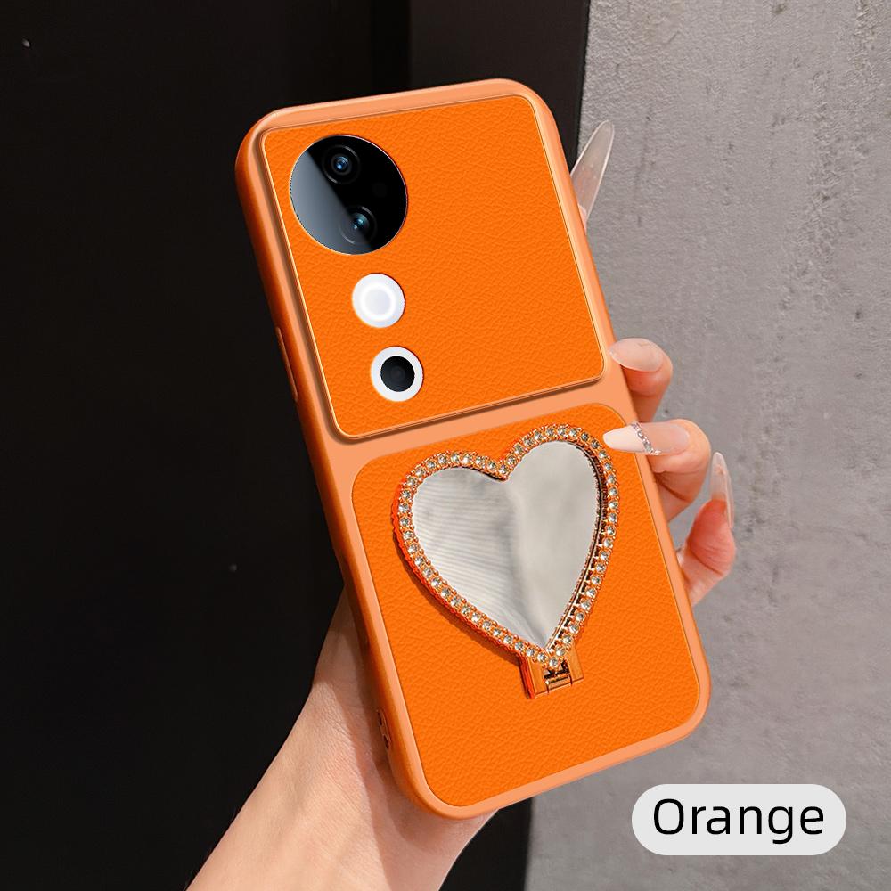 For vivo S19 Lambskin Series Skin Feel Shockproof Phone Case with Heart Mirror Holder(Orange)