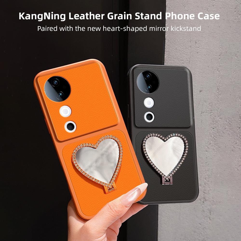 For vivo S19 Lambskin Series Skin Feel Shockproof Phone Case with Heart Mirror Holder(Orange)