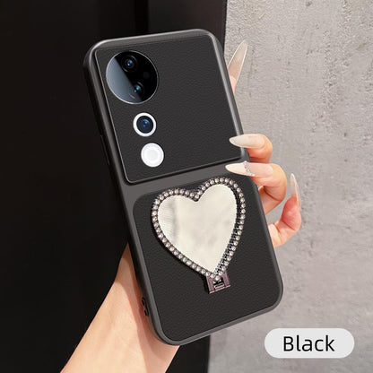 For vivo S19 Pro Lambskin Series Skin Feel Shockproof Phone Case with Heart Mirror Holder(Black)