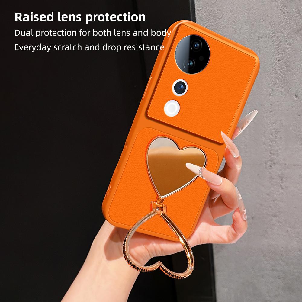 For vivo S19 Pro Lambskin Series Skin Feel Shockproof Phone Case with Heart Mirror Holder(Orange)