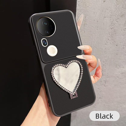 For vivo S20 Pro Lambskin Series Skin Feel Shockproof Phone Case with Heart Mirror Holder(Black)