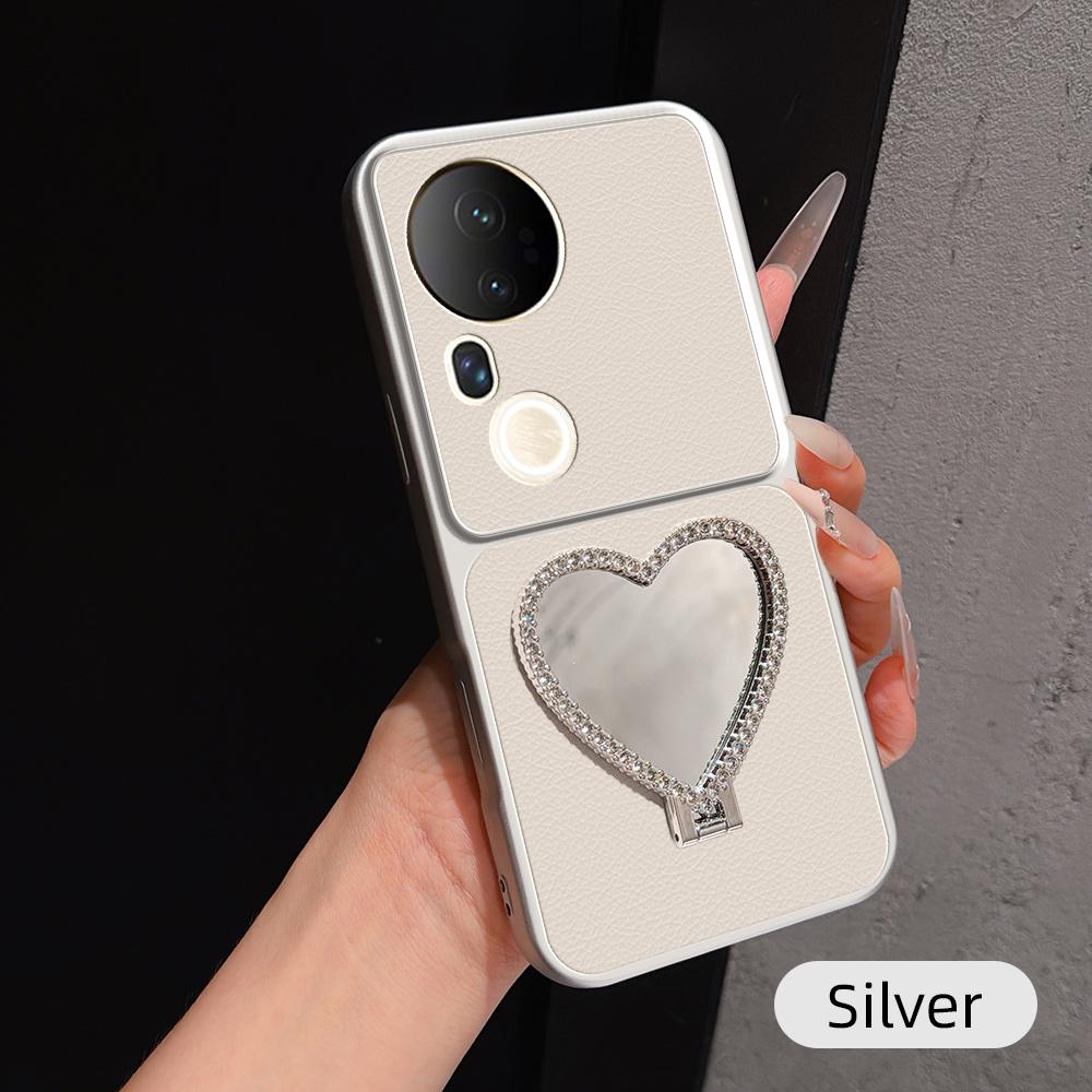 For vivo S20 Pro Lambskin Series Skin Feel Shockproof Phone Case with Heart Mirror Holder(Silver)