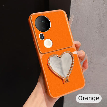 For vivo S20 Pro Lambskin Series Skin Feel Shockproof Phone Case with Heart Mirror Holder(Orange)