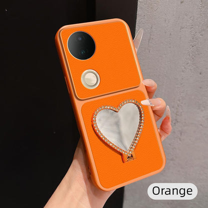 For vivo S20 Lambskin Series Skin Feel Shockproof Phone Case with Heart Mirror Holder(Orange)