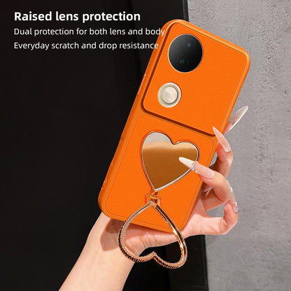 For vivo S20 Lambskin Series Skin Feel Shockproof Phone Case with Heart Mirror Holder(Orange)