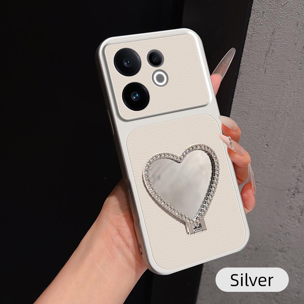 For vivo S30 Lambskin Series Skin Feel Shockproof Phone Case with Heart Mirror Holder(Silver)