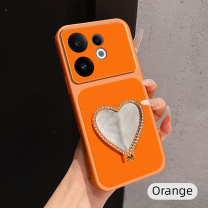 For vivo S30 Lambskin Series Skin Feel Shockproof Phone Case with Heart Mirror Holder(Orange)