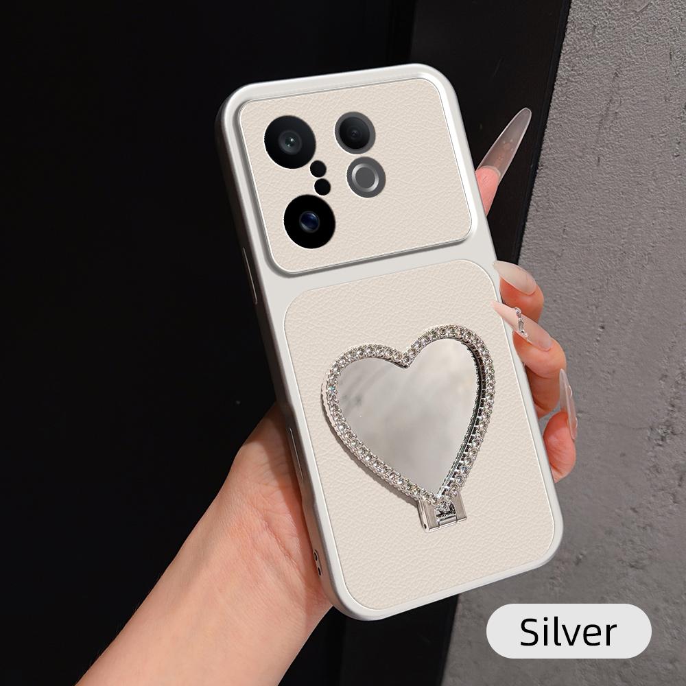 For vivo S30 Pro mini Lambskin Series Skin Feel Shockproof Phone Case with Heart Mirror Holder(Silver)