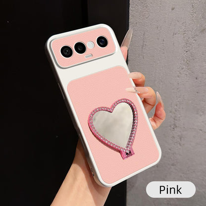 For vivo S50 Pro mini 5G Lambskin Series Skin Feel Shockproof Phone Case with Heart Mirror Holder(Pink)