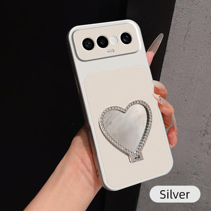 For vivo S50 Pro mini 5G Lambskin Series Skin Feel Shockproof Phone Case with Heart Mirror Holder(Silver)