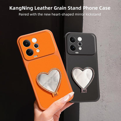 For vivo S50 5G Lambskin Series Skin Feel Shockproof Phone Case with Heart Mirror Holder(Orange)
