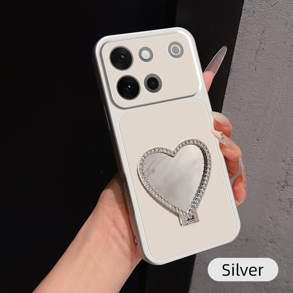 For vivo S60 5G Lambskin Series Skin Feel Shockproof Phone Case with Heart Mirror Holder(Silver)