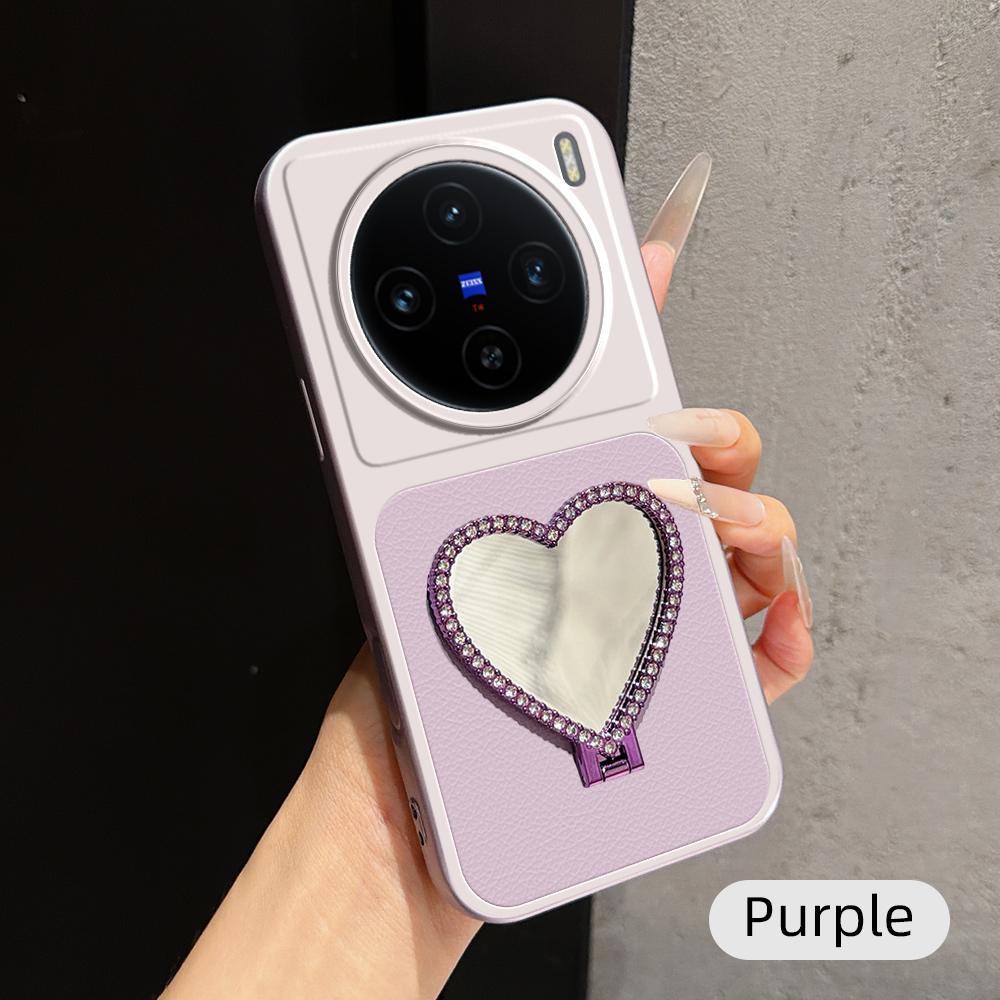 For vivo X100 Lambskin Series Skin Feel Shockproof Phone Case with Heart Mirror Holder(Purple)