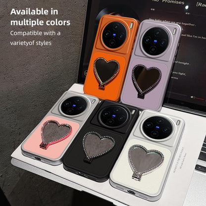 For vivo X100 Lambskin Series Skin Feel Shockproof Phone Case with Heart Mirror Holder(Purple)
