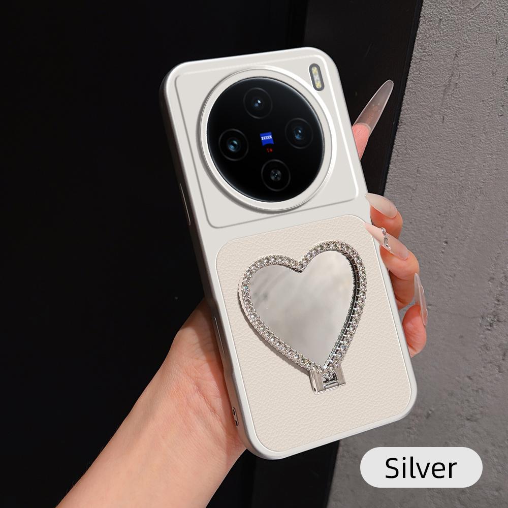 For vivo X100 Lambskin Series Skin Feel Shockproof Phone Case with Heart Mirror Holder(Silver)