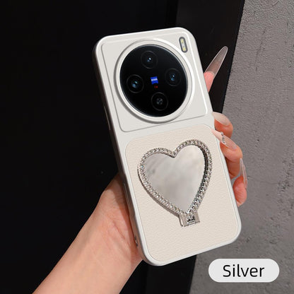 For vivo X100 Lambskin Series Skin Feel Shockproof Phone Case with Heart Mirror Holder(Silver)