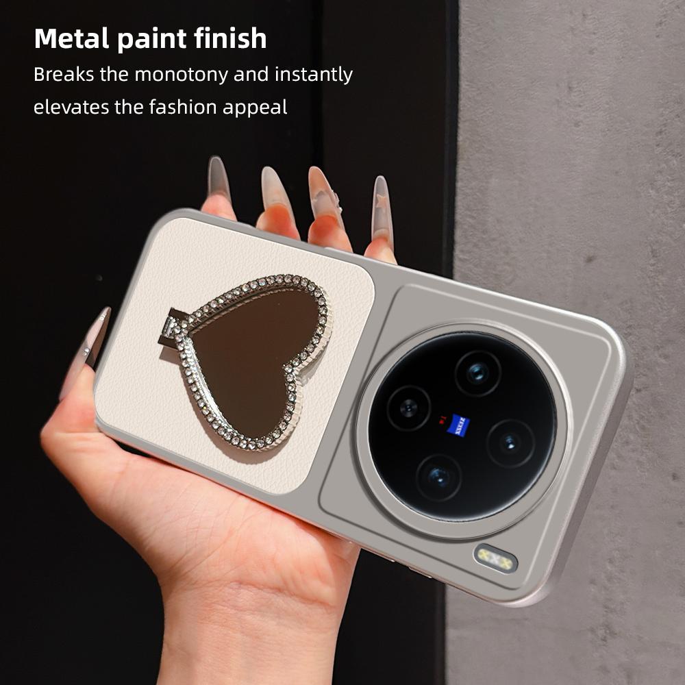 For vivo X100 Lambskin Series Skin Feel Shockproof Phone Case with Heart Mirror Holder(Silver)