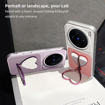 For vivo X100 Lambskin Series Skin Feel Shockproof Phone Case with Heart Mirror Holder(Silver)