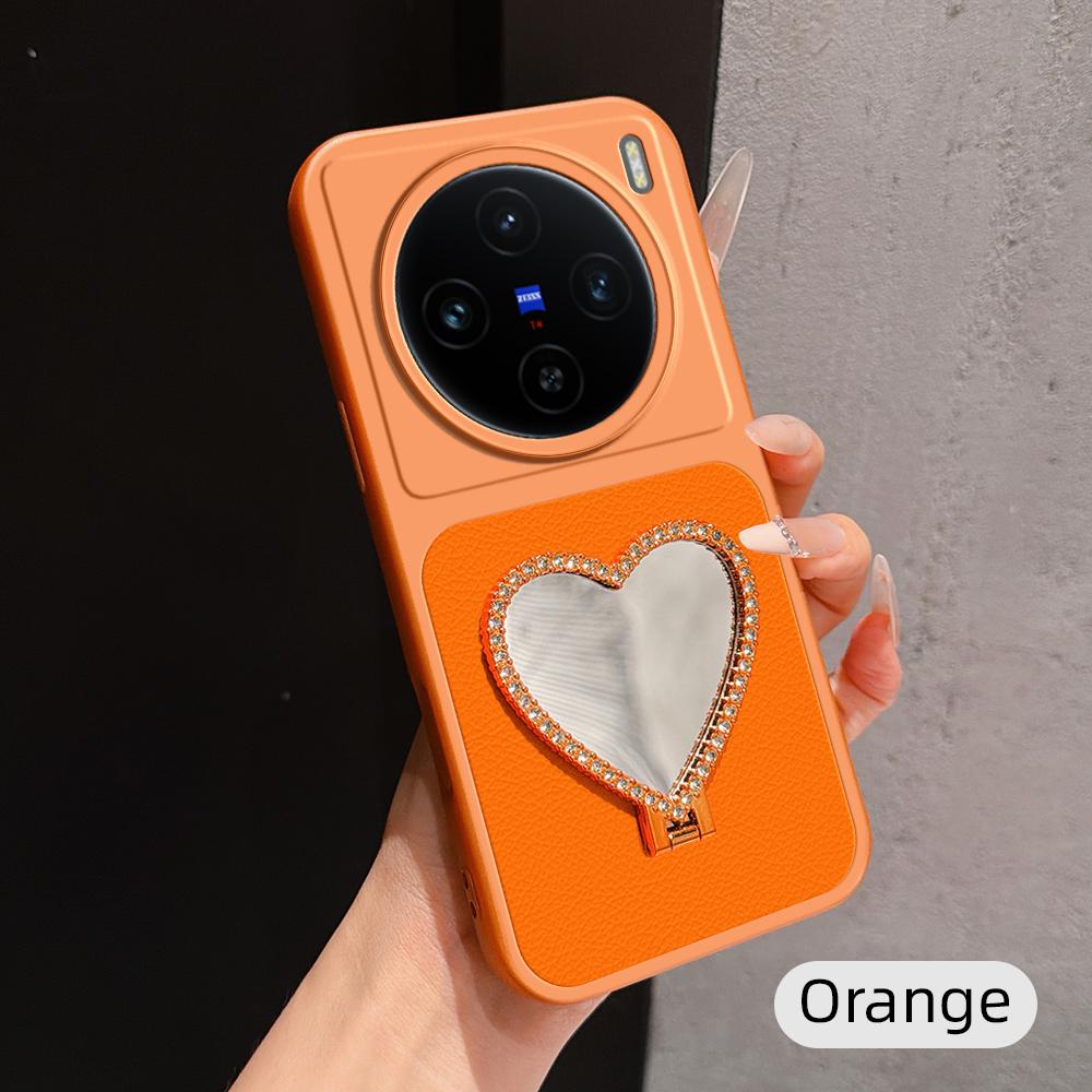 For vivo X100 Lambskin Series Skin Feel Shockproof Phone Case with Heart Mirror Holder(Orange)
