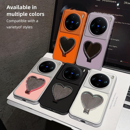 For vivo X100 Pro Lambskin Series Skin Feel Shockproof Phone Case with Heart Mirror Holder(Purple)