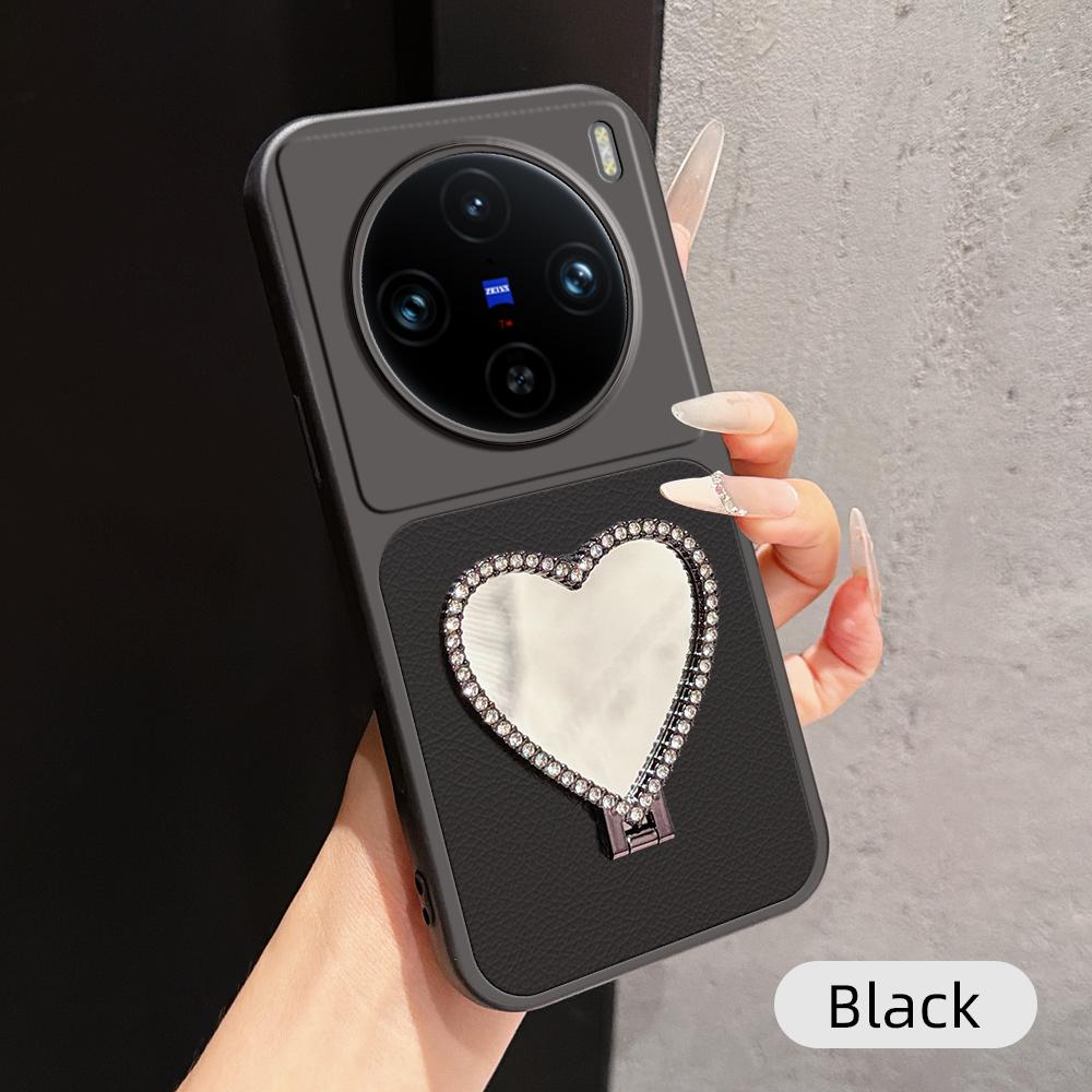 For vivo X100 Pro Lambskin Series Skin Feel Shockproof Phone Case with Heart Mirror Holder(Black)