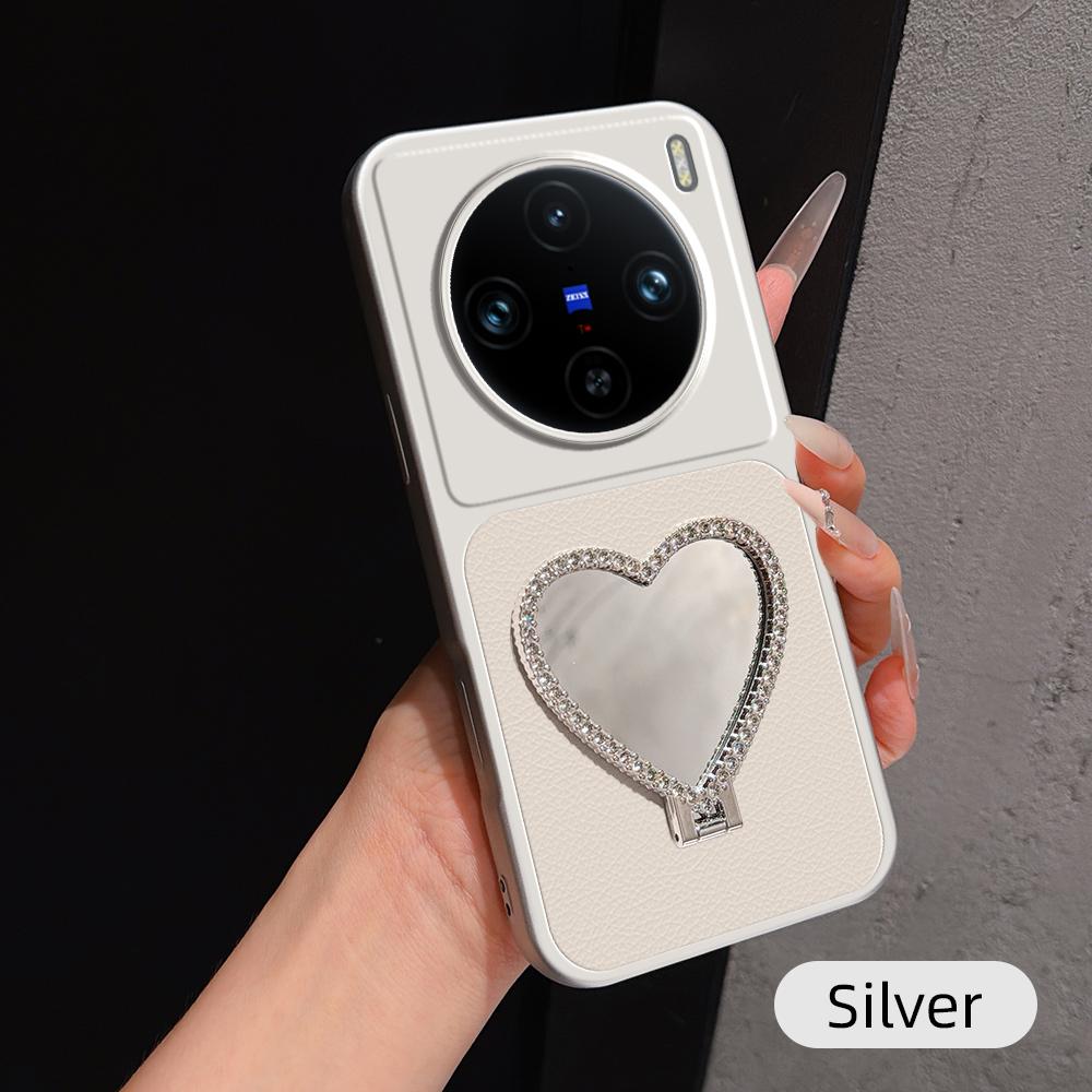 For vivo X100 Pro Lambskin Series Skin Feel Shockproof Phone Case with Heart Mirror Holder(Silver)
