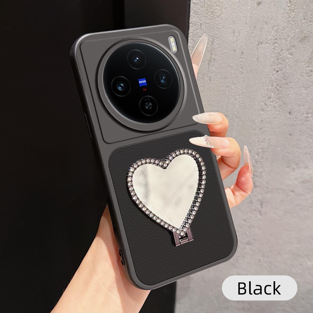 For vivo X100s Lambskin Series Skin Feel Shockproof Phone Case with Heart Mirror Holder(Black)