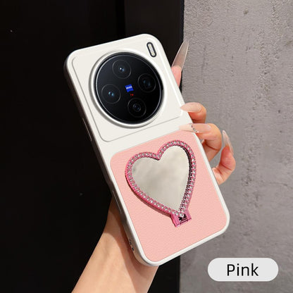 For vivo X200 Lambskin Series Skin Feel Shockproof Phone Case with Heart Mirror Holder(Pink)