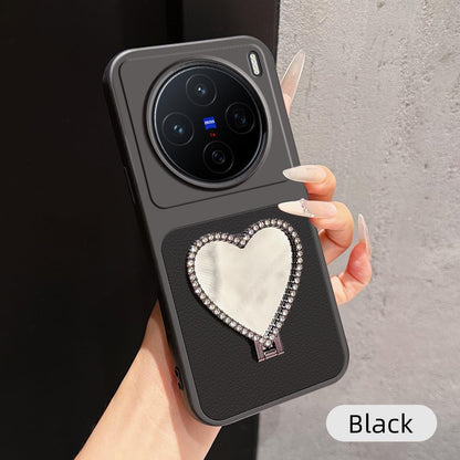 For vivo X200 Lambskin Series Skin Feel Shockproof Phone Case with Heart Mirror Holder(Black)