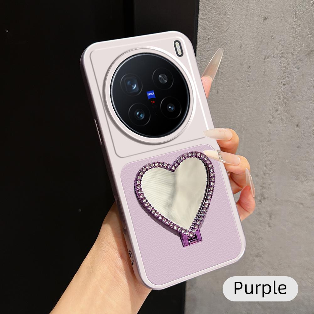 For vivo X200 Pro Lambskin Series Skin Feel Shockproof Phone Case with Heart Mirror Holder(Purple)