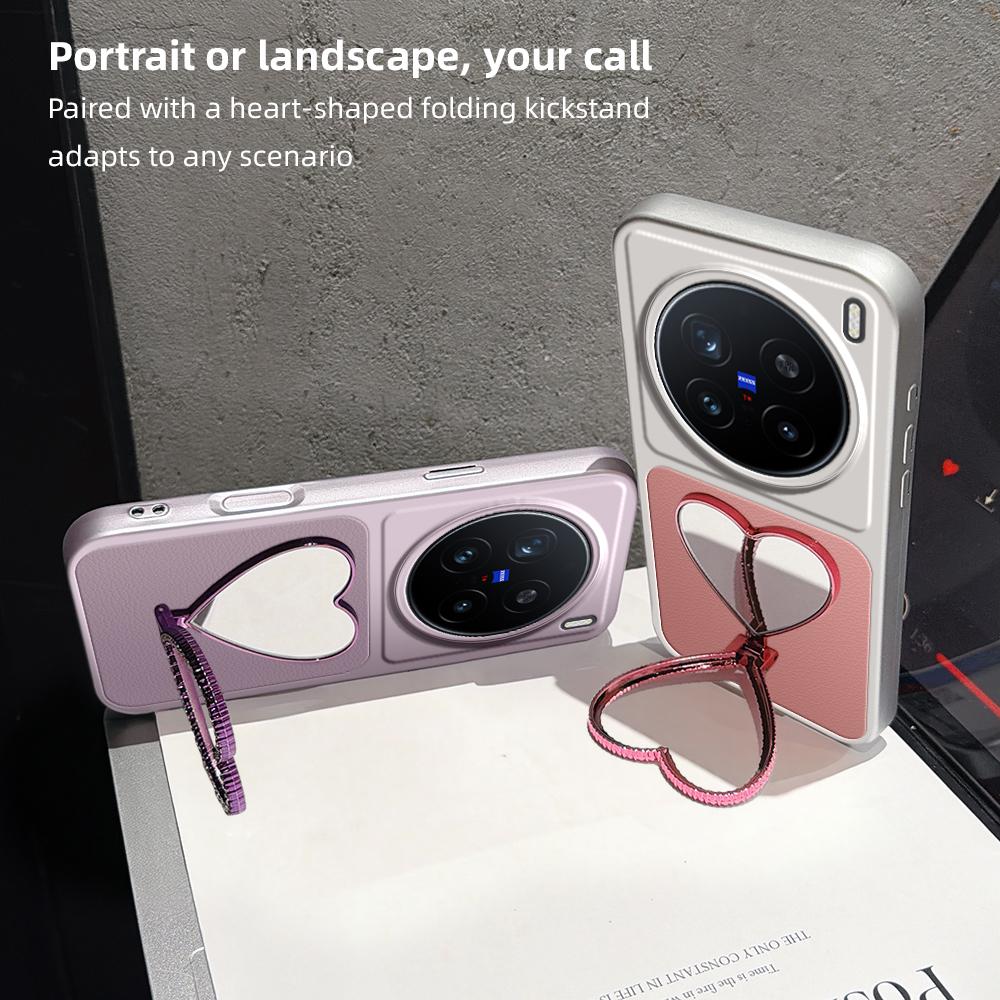 For vivo X200 Pro Lambskin Series Skin Feel Shockproof Phone Case with Heart Mirror Holder(Purple)