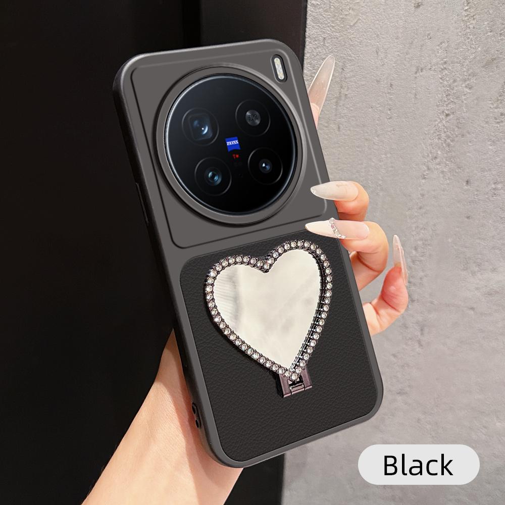 For vivo X200 Pro Lambskin Series Skin Feel Shockproof Phone Case with Heart Mirror Holder(Black)