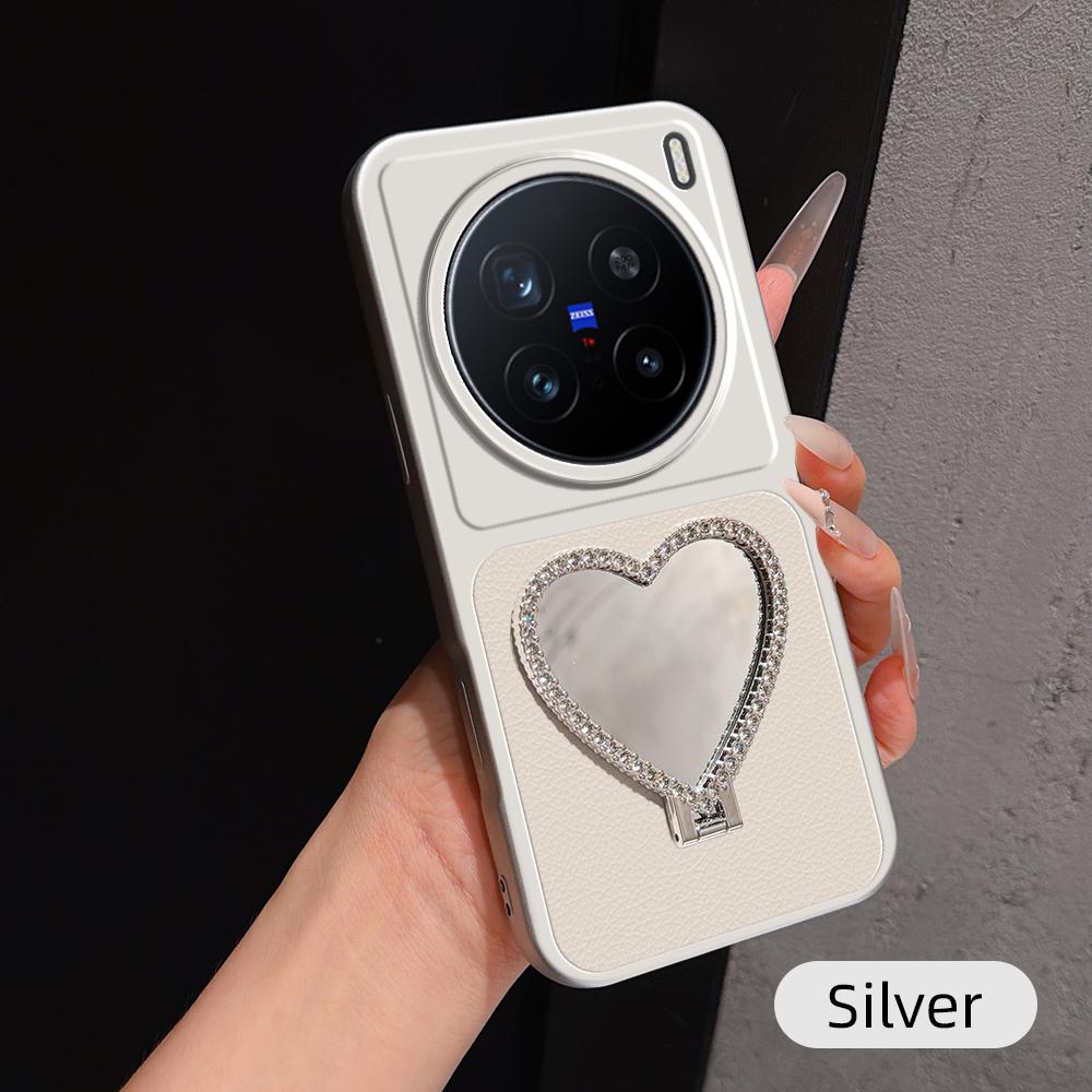 For vivo X200 Pro Lambskin Series Skin Feel Shockproof Phone Case with Heart Mirror Holder(Silver)