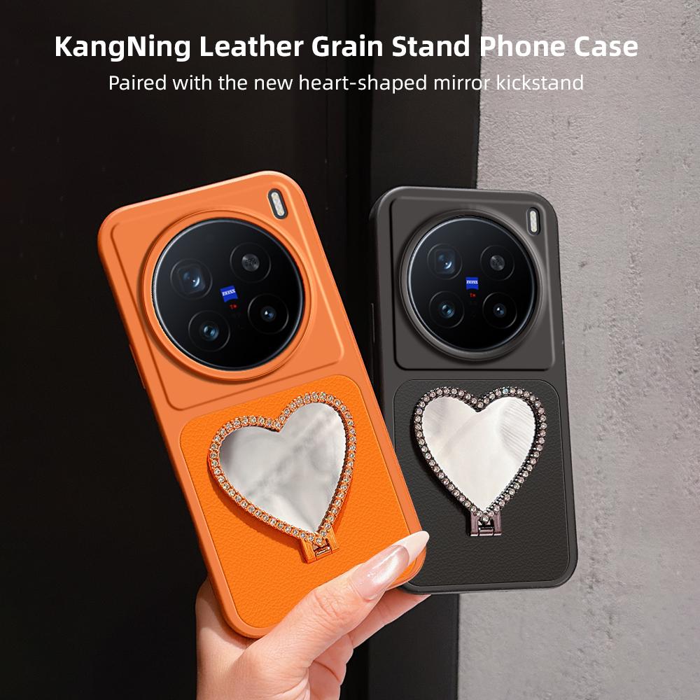 For vivo X200 Pro Lambskin Series Skin Feel Shockproof Phone Case with Heart Mirror Holder(Silver)