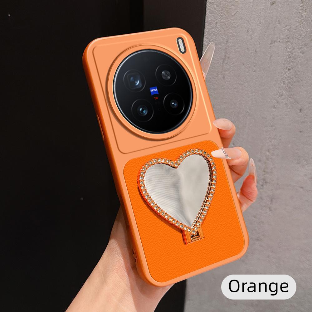 For vivo X200 Pro Lambskin Series Skin Feel Shockproof Phone Case with Heart Mirror Holder(Orange)