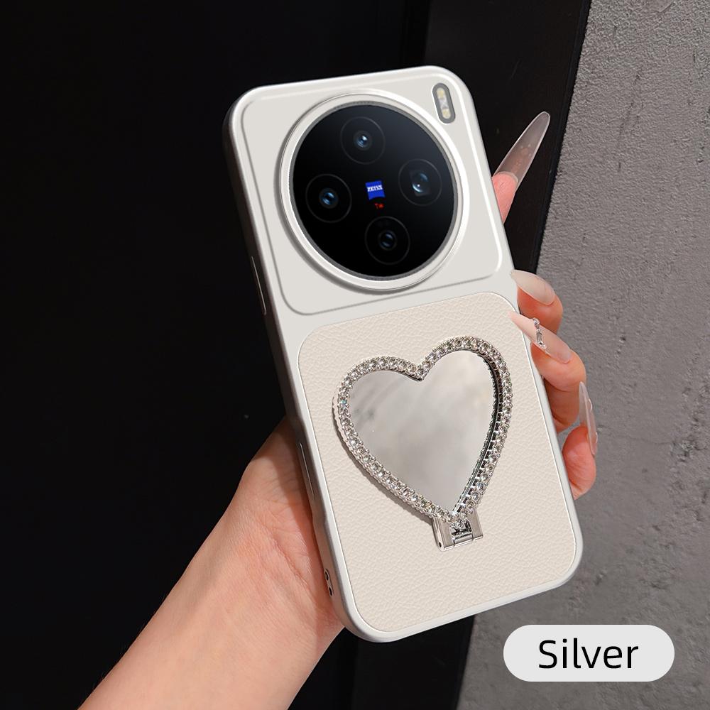 For vivo X200s Lambskin Series Skin Feel Shockproof Phone Case with Heart Mirror Holder(Silver)