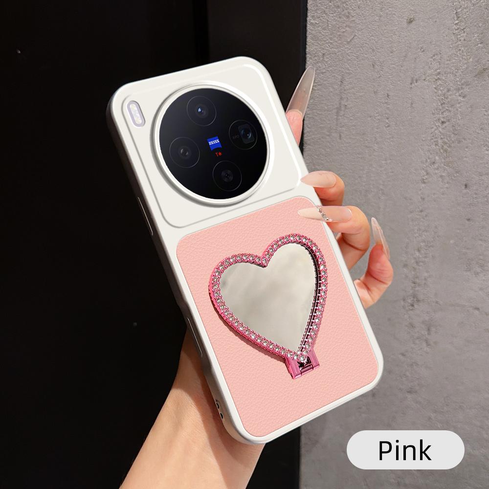 For vivo X300 Lambskin Series Skin Feel Shockproof Phone Case with Heart Mirror Holder(Pink)