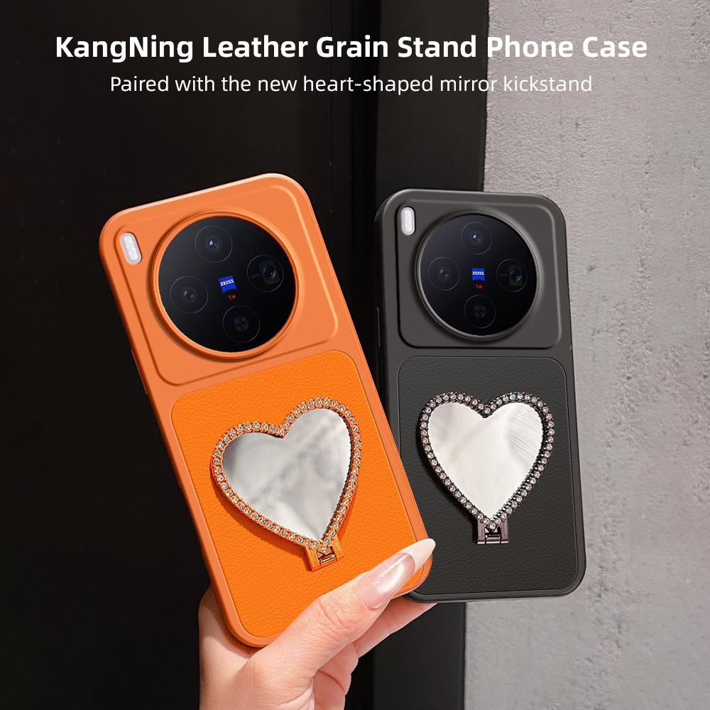 For vivo X300 Lambskin Series Skin Feel Shockproof Phone Case with Heart Mirror Holder(Pink)