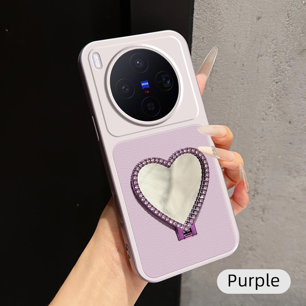 For vivo X300 Lambskin Series Skin Feel Shockproof Phone Case with Heart Mirror Holder(Purple)