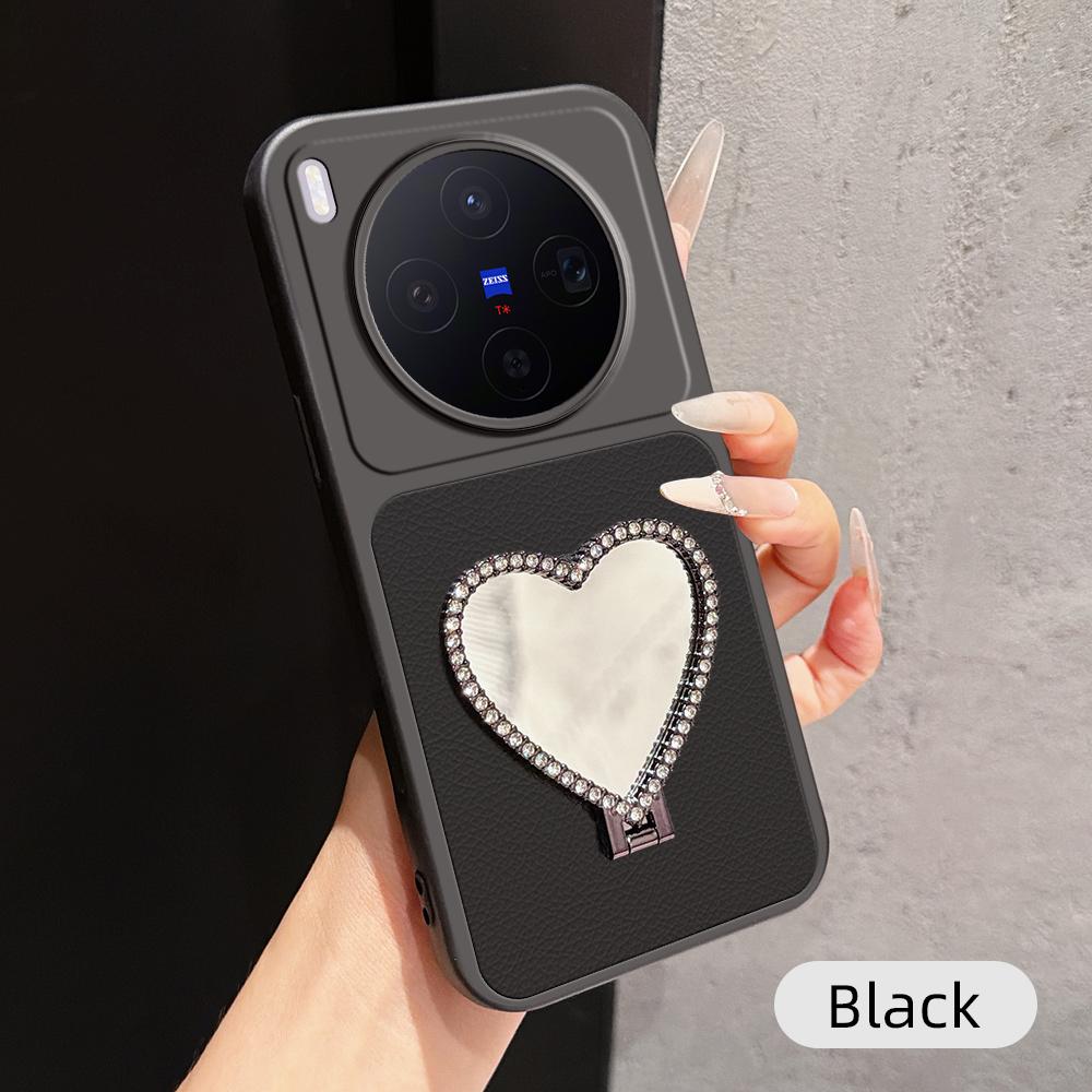 For vivo X300 Lambskin Series Skin Feel Shockproof Phone Case with Heart Mirror Holder(Black)