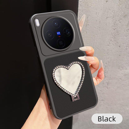 For vivo X300 Lambskin Series Skin Feel Shockproof Phone Case with Heart Mirror Holder(Black)