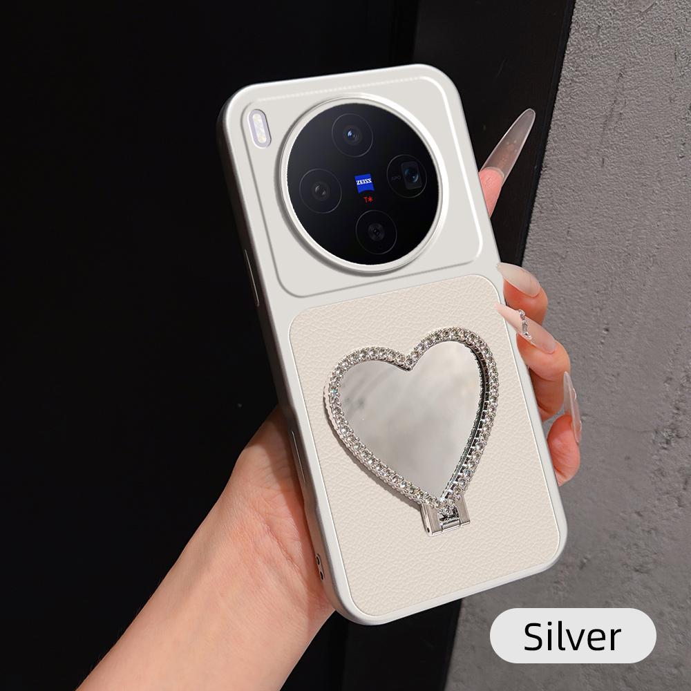 For vivo X300 Lambskin Series Skin Feel Shockproof Phone Case with Heart Mirror Holder(Silver)