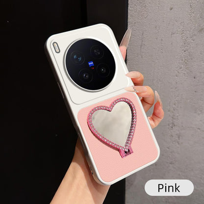 For vivo X300 Pro Lambskin Series Skin Feel Shockproof Phone Case with Heart Mirror Holder(Pink)