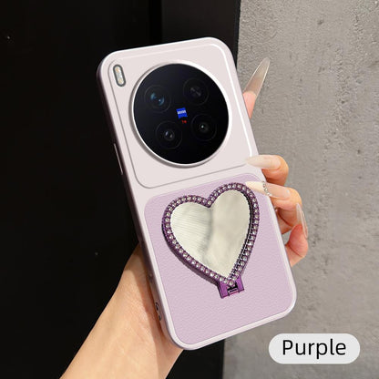 For vivo X300 Pro Lambskin Series Skin Feel Shockproof Phone Case with Heart Mirror Holder(Purple)