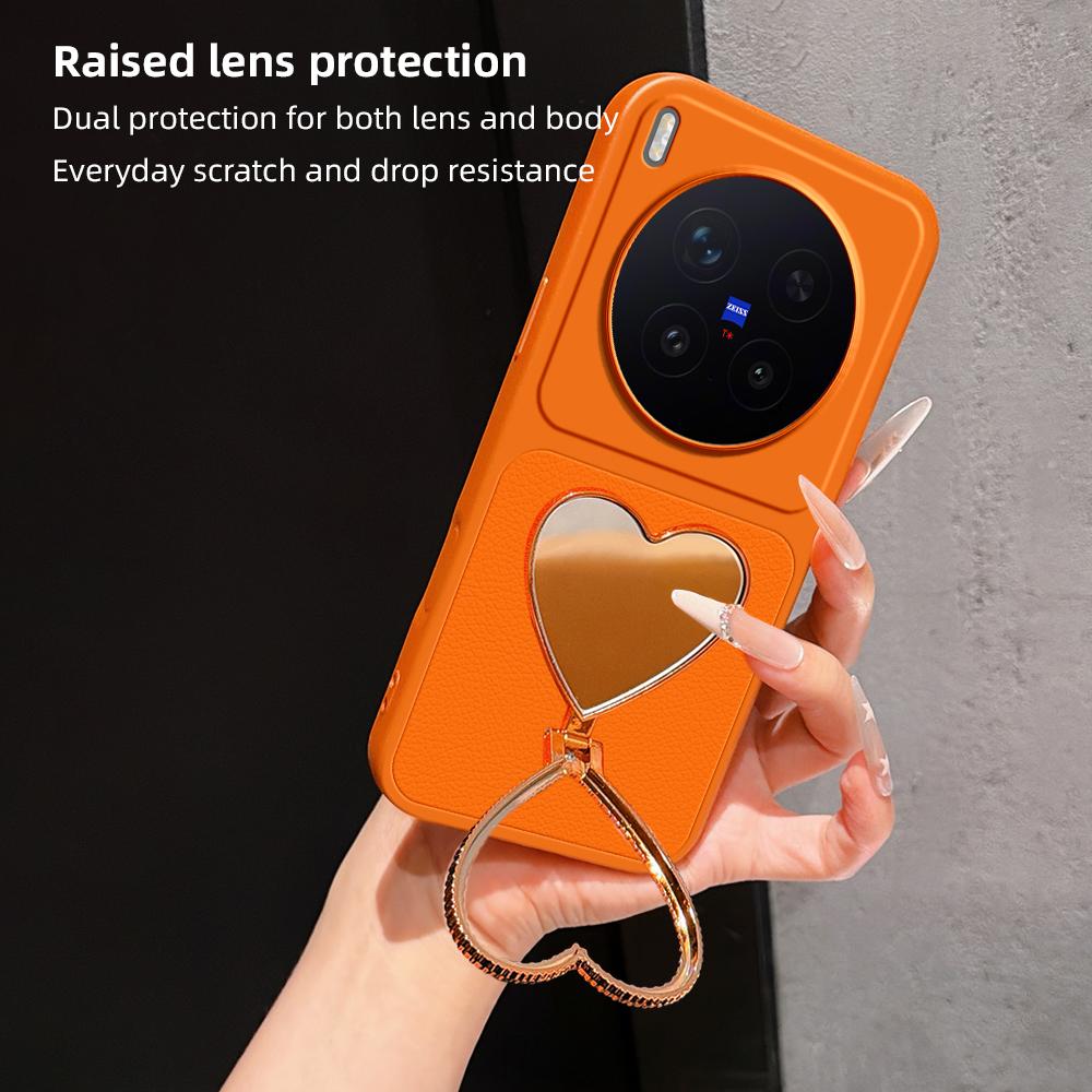 For vivo X300 Pro Lambskin Series Skin Feel Shockproof Phone Case with Heart Mirror Holder(Purple)